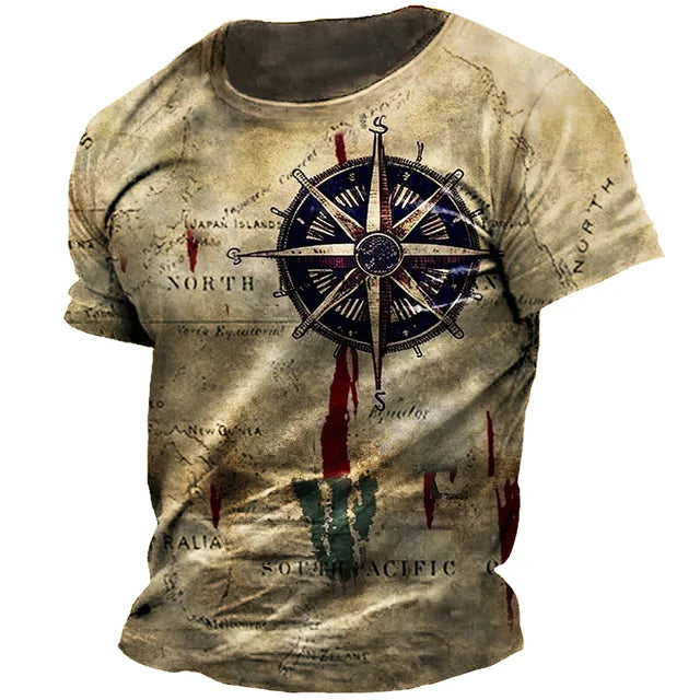 Camiseta con estampado de brújula y mapa náutico vintage para hombre.