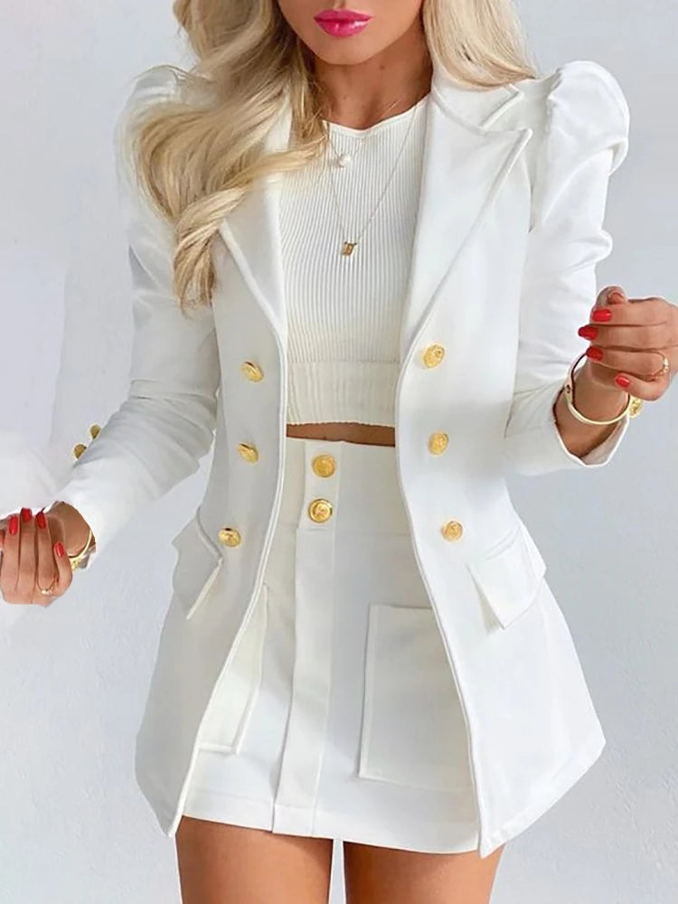 Women's blazer set, long-sleeved pullover and miniskirt. Contains two 2 pieces.