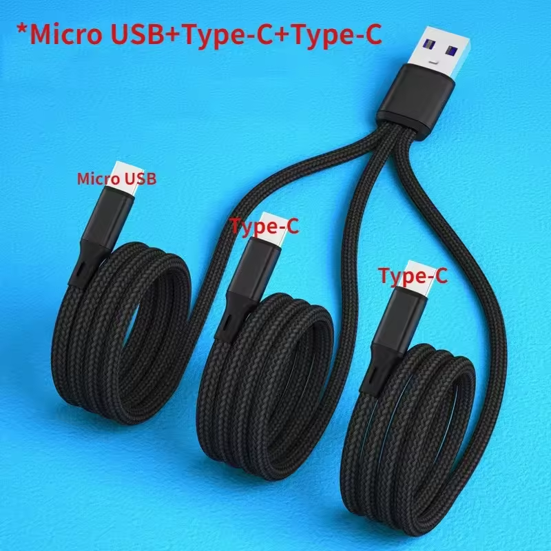 Cable de carga USB 3 en 1, Cable divisor Micro USB 3 tipo C, carga rápida 5A para banco de energía de teléfono móvil, carga de 1,2 m