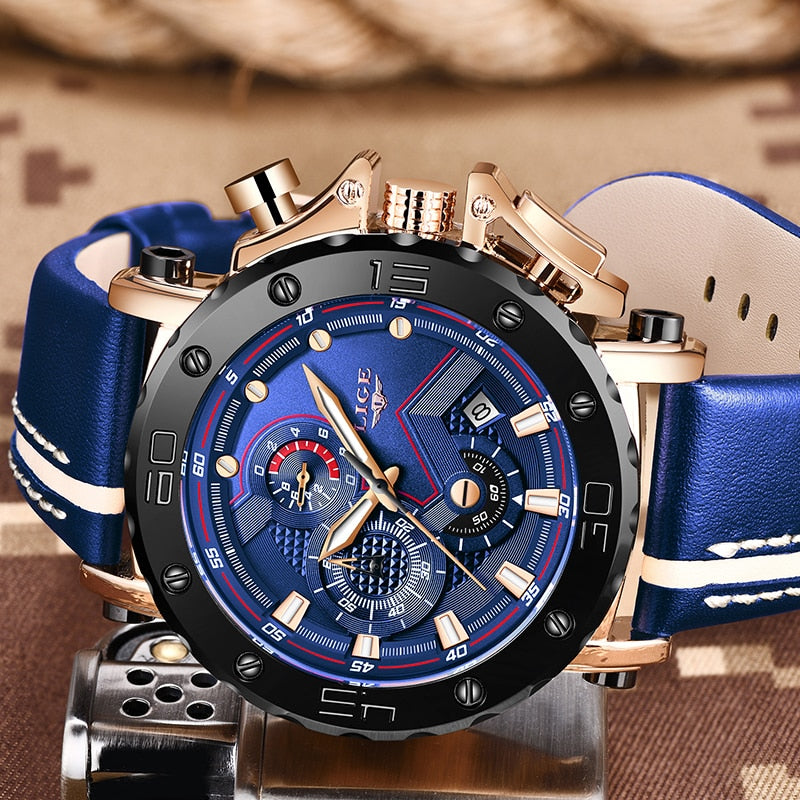 Relojes para hombre de cuarzo militar de esfera grande de lujo de marca superior, reloj cronógrafo deportivo impermeable de cuero informal.