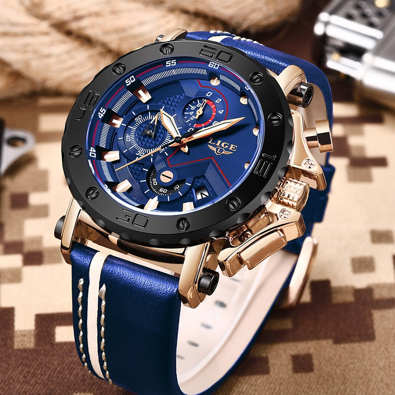Relojes para hombre de cuarzo militar de esfera grande de lujo de marca superior, reloj cronógrafo deportivo impermeable de cuero informal.