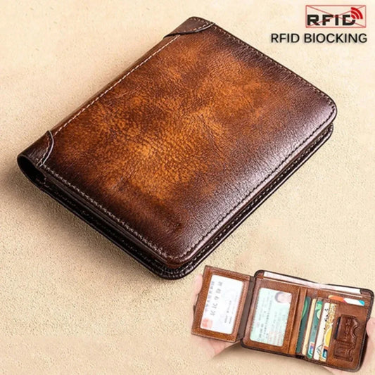 Cartera de cuero genuino para hombre, billetera triple, Vintage, delgada, corta, multifunción, tarjetero para identificación y crédito, monedero para dinero.