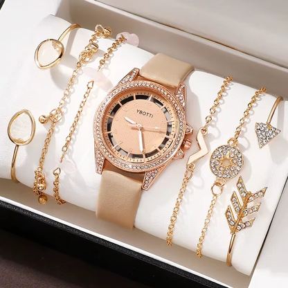 Reloj de cuarzo elegante para mujer con correa de cuero caqui de lujo