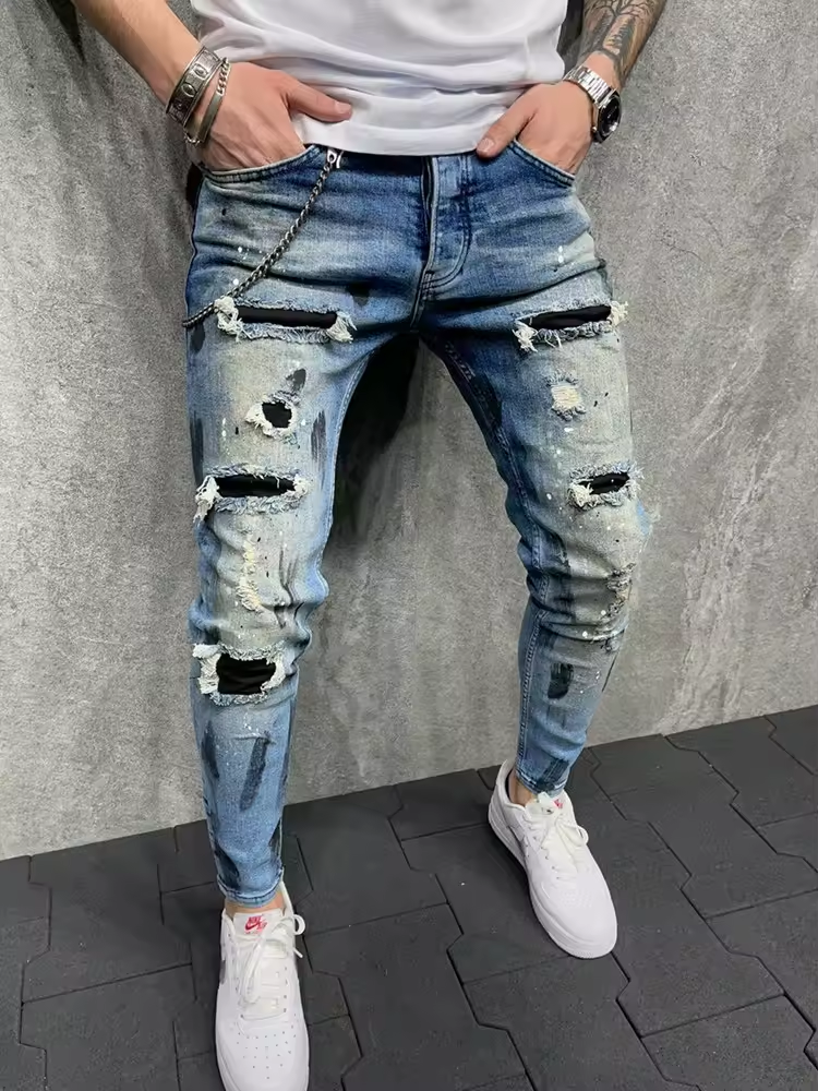 Pantalones de denim casuales, tipo lápiz, skinny, conos y agujeros de rejilla