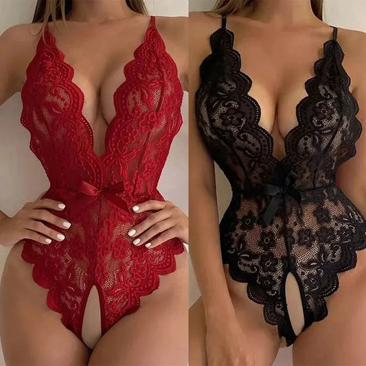 Conjunto de traje Sexy de una pieza para mujer, mono de malla con encaje y escote en V profundo, para fiesta, 2024