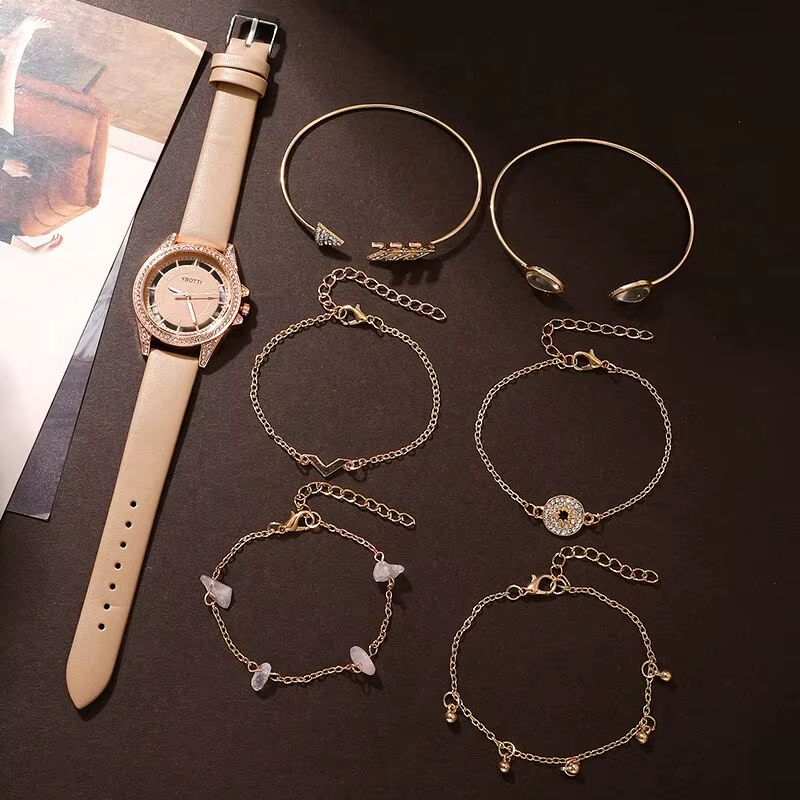 Reloj de cuarzo elegante para mujer con correa de cuero caqui de lujo