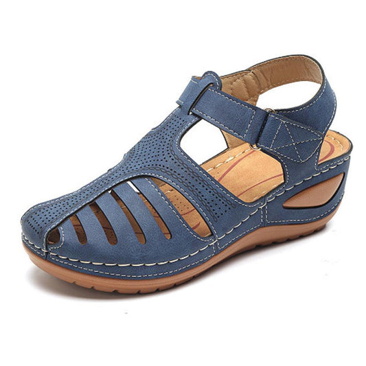 Sandalias de cuña con hebilla para mujer, zapatos de costura informales, plataforma Retro, talla grande, verano.
